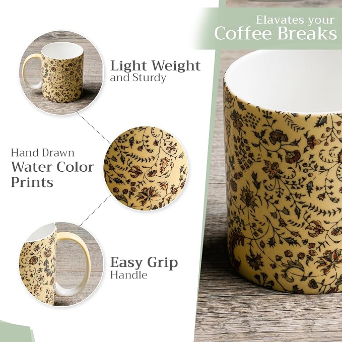 Maison d' Hermine Coffee Mug with Handles Tea Cups (15 Ounce, Pack of 2) | Fine Bone China Coffee Mugs for Hot Beverages Cappuccino Latte Home Restaurant Hotel Spring Summer -Lakshmi