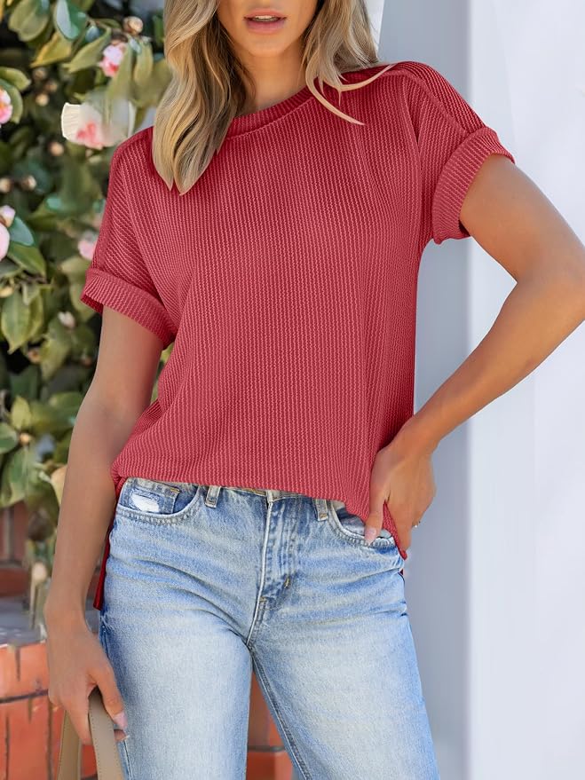 ANRABESS Womens Short Sleeve Crewneck Shirts Ribbed Knit High Low Hem T Shirt 2026 Summer Spring Casual Tops Trendy Clothes