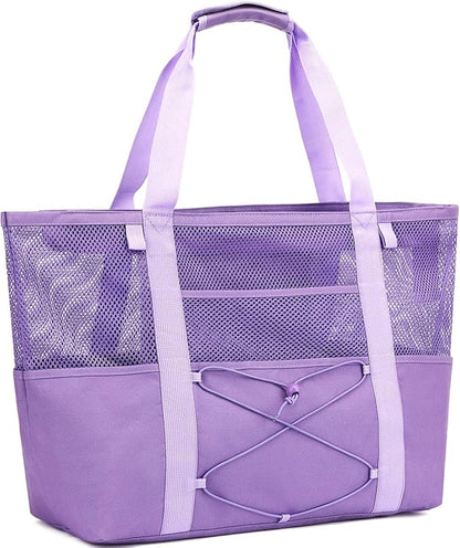 Fammart Mesh Beach Bag for Women, Large Beach Toy Pool Bag with Zipper Pocket, SandProof Cruise Essentials 2026 Family Travel