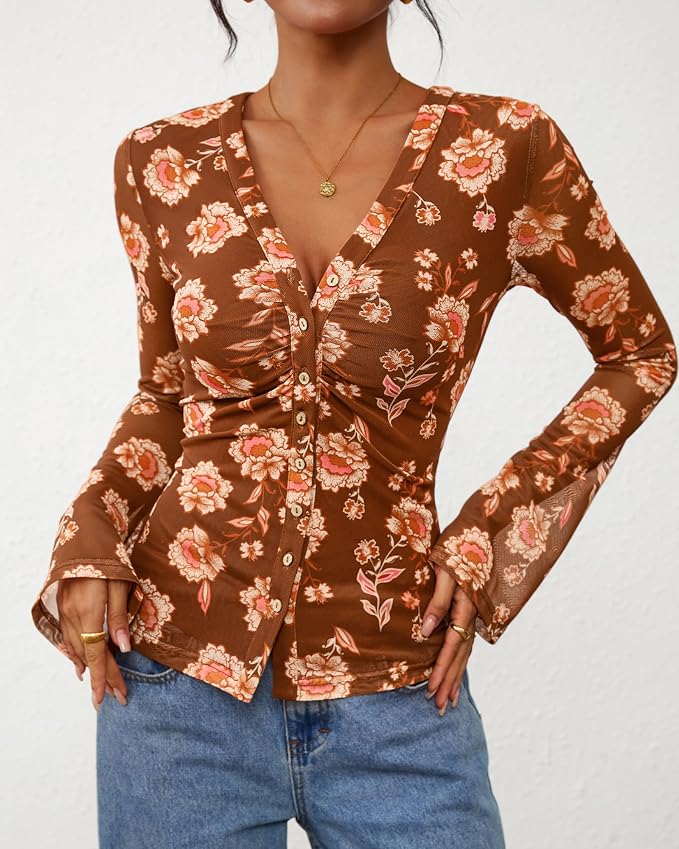 BTFBM Button Down Shirts for Women 2026 Fall Boho Tops V Neck Long Sleeve Blouses Ruched Mesh Fitted Fashion Clothing