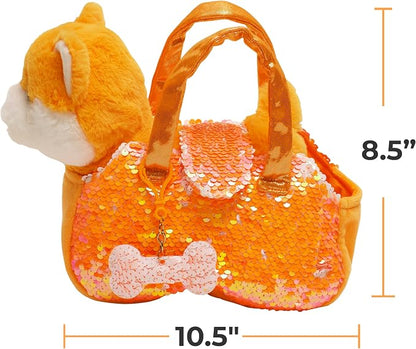 Little Jupiter Pet Plush Set with Purse w/Reversible Sequins & Charm - Stuffed Animal Toy for Kids Ages 4-7 - Stuffed Animal Purse - Stuffed Animals for Girls - (Orange Shiba Inu)