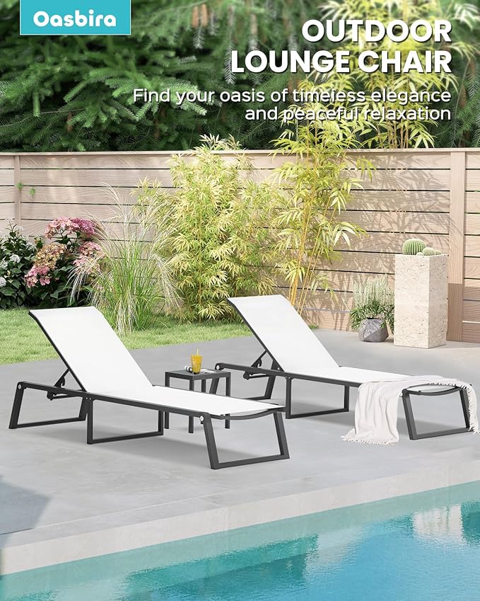 Aluminum Chaise Lounge Outdoor Set of 2, Foldable & Assembly Free Patio Pool Lounge Chairs 5-Position Recliner for Outside Poolside, Fully grounded legs Sun Lounger for Beach, Yard, Bright White
