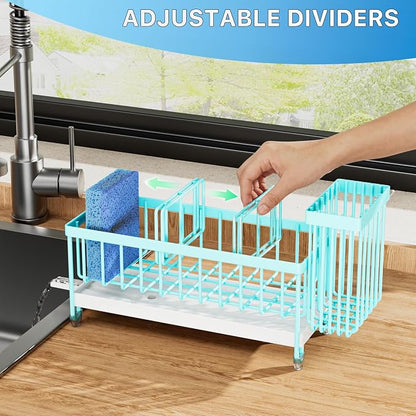 Cisily Sponge Holder for Kitchen Sink, Sink Caddy Organizer with High Brush Holder, Kitchen Countertop Organizers and Storage Essentials, Rustproof 304 Stainless Steel (Turquoise, 9.25″)