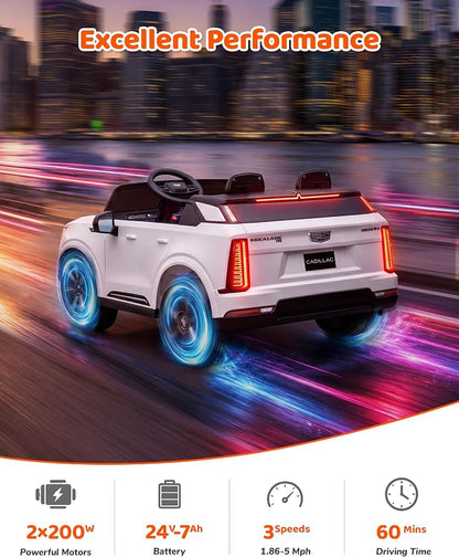 Firstness 2 Seater Ride on Car for Kids 24V Licensed Cadillac Escalade IQ Powered Wheels with Remote Control 400W Electric Ride on Toy with 3 Speed Light Music 7AH Battery Car for Kids Ages 3-8, White