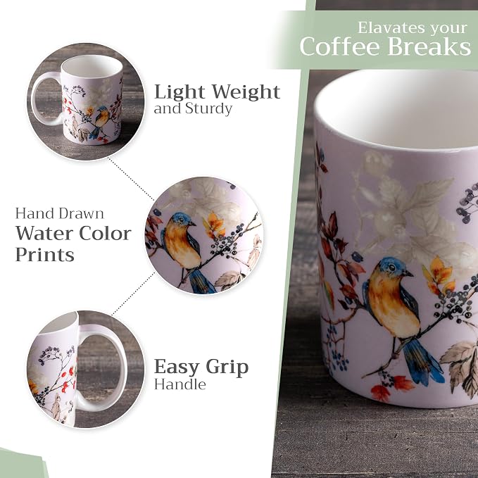 Maison d' Hermine Coffee Mug with Handles Tea Cups (15 Ounce, Pack of 1) | Fine Bone China Coffee Mugs for Hot Beverages Cappuccino Latte Home Restaurant Spring Summer -Equinoxe - Grey - Sparrows