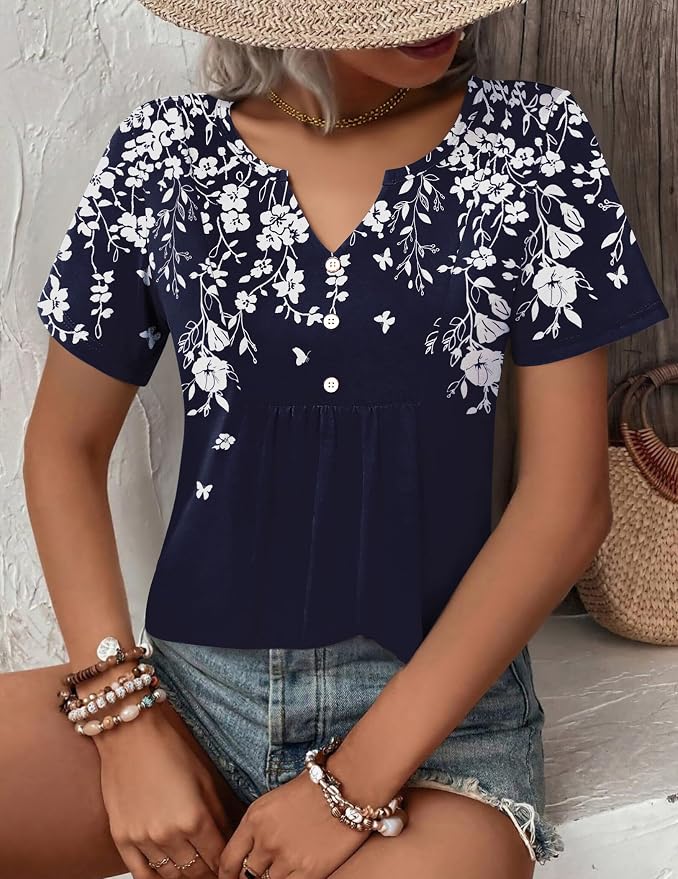 Zeagoo Womens Short Sleeve Tops Summer Henley V-Neck Tshirts Casual Pleated Blouse Dressy Loose Floral Basic Tee