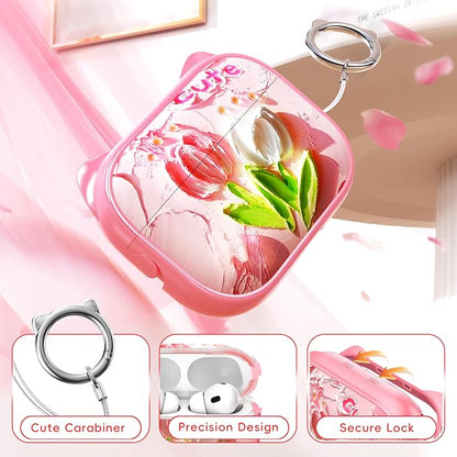 for AirPods Pro 2 Case with Cleaning Kit, Cute Cat Ear Print Design & Cute Buckle for Girls, Phone Holder & Top Safe Lock Buckle Design for AirPods Pro 2nd/1st Gen case, Tulip
