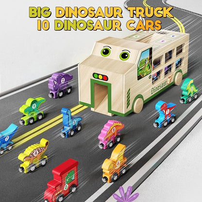GJZZ Wooden Dinosaur Truck & 10 Magnetic Wooden Dinosaur Train Set | Montessori STEM Toys, Kids 2-5 Years, Toddler Learning Toys, Birthday Gifts for Boys and Girls