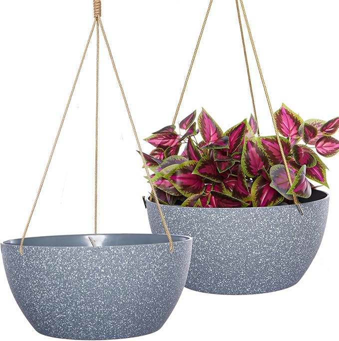 13 Inch 2 Pack Large Hanging Planters for Indoor Outdoor Plants, Plastic Hanging Basket Pots for House Plants Flowers, Grey