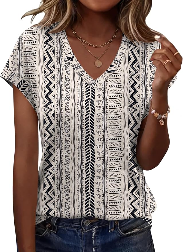 Rapbin Womens Summer Tops Women Blouses Dressy Casual V Neck T Shirts Short Sleeve Spring Tops for Women