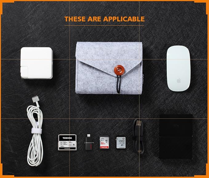 NIDOO Portable Felt Storage Bag, Electronics Accessories Protective Case Pouch for MacBook Power Adapter, Mouse, Cellphone, Cables, SSD, HDD, Power Bank, Portable External Hard Drive, Gray