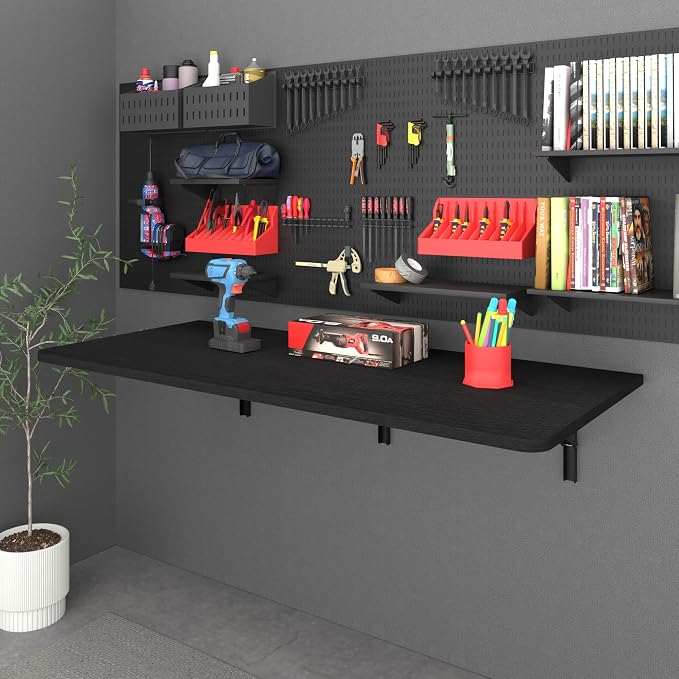 IAE 55x22in Floating Fold Desk,Wall-Mounted Folding Computer Table,Black | Study Table with Shelf Brackets,Foldable Down Shelf with Engineered Wood,Fold Computer Desk for Small Apartment,Holds 510 lb