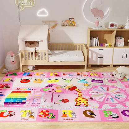 Kids Rug 5x7 Pink Rugs for Girls Bedroom Playroom Child Play Mat Educational and Fun Baby Care Rugs,Learning Rug with ABC Alphabets Animals Shapes No-Slip Carpets for Children Toddler Washable