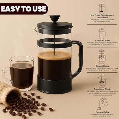 Utopia Kitchen Borosilicate Glass French Press Coffee Maker 21 Oz, Black | Heat-Resistant Cafetiere & Tea Maker, Thickened Glass Coffee Press for Travel and Camping