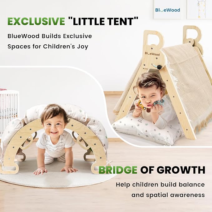 BlueWood Pikler Triangle Set with Cushion - Climbing Toys for Toddlers 9-in-1, Montessori Philosophy Play Jungle Gym with Arch, Ramp, Ladder (Natural Color)