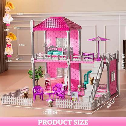 JUKUDAHU Villa Playset for Girls Ages 3-7, Indoor Playset Girls Toys with 2 Storeys 3 Rooms 2 Dolls for Ages 6-8, Furniture and Accessories, Pretend Toddler Toy, Birthday Gifts for Kids 3 4 5 6 7 8
