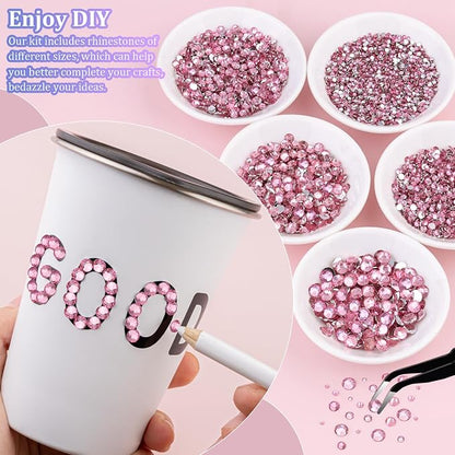 25000Pcs Resin Rhinestones for Crafting, Dark Pink 2-6mm Mixed Sizes Non Hotfix Flatback Gems with 1Pcs Glue, Bedazzling Crystal for DIY Craft Clothing Mugs Tumblers Shoes Fabric Decor Nail Art