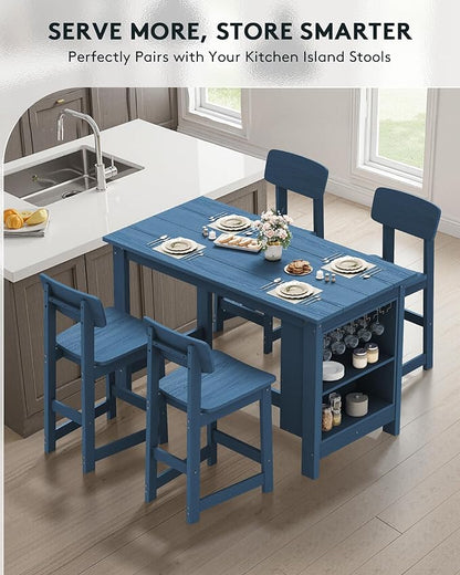 SERWALL 3-Piece Outdoor Counter Height Bar Set, HDPE Patio Bar Table with Wine Rack & Storage Shelf, 2 All-Weather Bar Stools, Patio Bar Dining Furniture Set for 3, Blue