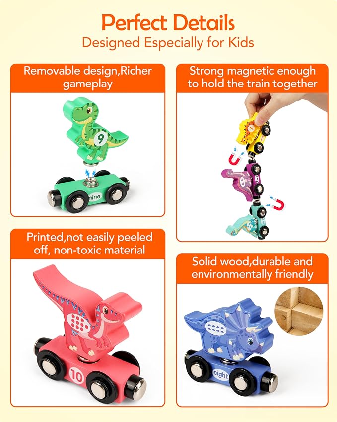 Wooden Dinosaur Train Set, Magnetic Dinosaur Toys and Number Train for Toddlers, Educational Montessori Toy for Counting and Motor Skills, for 3-5 Year Old Boys Girls