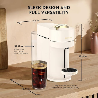 Nespresso Vertuo Next Coffee and Espresso Maker by De'Longhi, Creamy White and Gold | Creamy white and gold coffee machine with slim, sustainable design. Brews 6 cup sizes, espresso to 18 oz., topped with crema.