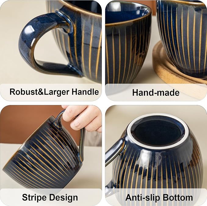 Ceramic Coffee Mugs with Handles, 24 oz Coffee Cups, Vertical Stripe Blue | Large Soup Bowl for Hot Chocolate, Cappuccino, Ramen, Oatmeal, Soup Mugs with Handles, Microwave & Dishwasher Safe