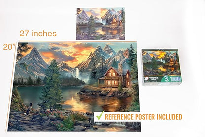 1000 Piece Jigsaw Puzzle for Adults - Mountain Cabin by a Lake - Challenging Puzzle Perfect for Game Nights - 1000 Piece for Adults. 20x27 inches