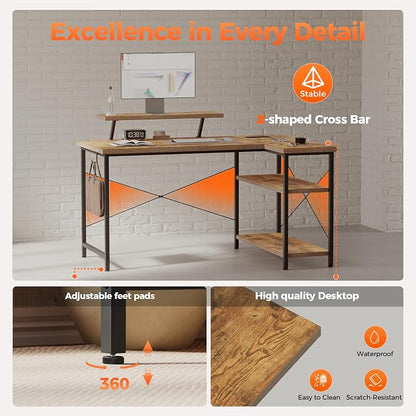 Mericonia 48 in Corner Desk with Monitor Stand, Small L Shaped Gaming Desk | Reversible Computer Desk with Power Outlets, LED Light & Storage Shelves, Office Table for Home Bedroom Study Work Writing