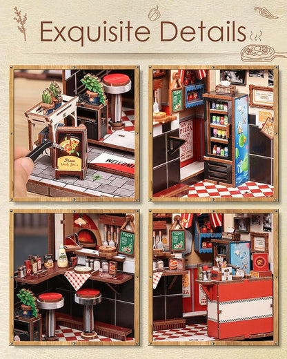 Cutefun Book Nook Kit - DIY Miniature Pizza Shop Booknook Kits for Adults and Teens, 3D Wooden Puzzle Bookend Bookshelf with LED Light, Creative Crafts Gifts for Beginners (Uncle Joe's Pizzeria)