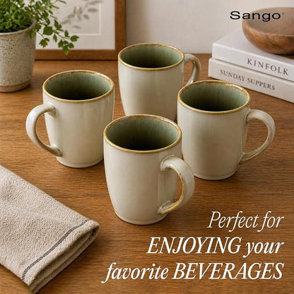 SANGO Resona Moss Stoneware Heat Resistant Coffee Mugs, Microwave and Oven Safe, 12 oz, White, 4 Count