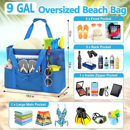 Fammart Mesh Beach Bag for Women, Large Beach Toy Pool Bag with Zipper Pocket, SandProof Cruise Essentials 2026 Family Travel