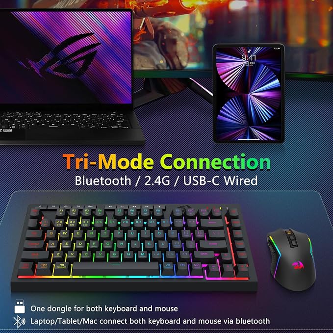 Redragon Wireless Gaming Keyboard and Mouse Combo, 75% Portable, Black | Bluetooth/2.4G/USB-C Wired, RGB Backlit, Quiet Rechargeable Macro Membrane Keyboard & 12800 DPI Mouse for Win/MAC