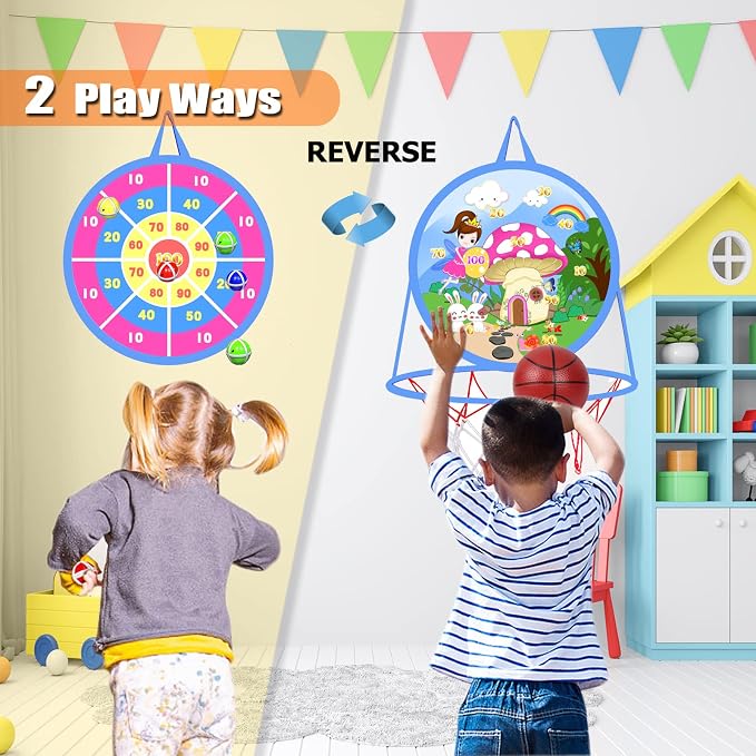2 in 1 Basketball Hoop and Dart Board, 14" Dart Board for Kids, Basketball Hoop for Kids Toddlers, Sports & Outdoor Play, Birthday Gift Toys for 3 4 5 6 7 8 9 10 Year Old Boys Girls Kids, Party Favors