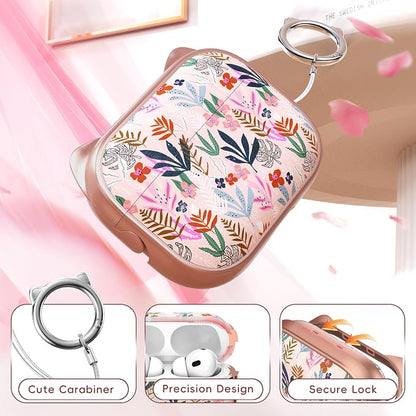 for AirPods Pro 2 Case with Cleaning Kit, Cute Cat Ear Print Design & Cute Buckle for Girls, Phone Holder & Top Safe Lock Buckle Design for AirPods Pro 2nd/1st Gen case, Rose Gold Leaves