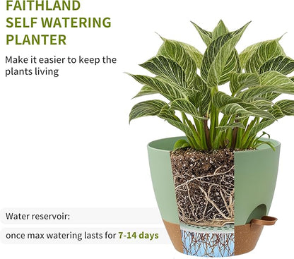 FaithLand 3-Pack Large Planter Pots, 12 10 9 Inch Self Watering Flower Pots for Indoor Outdoor Garden Plants, Green with Brown