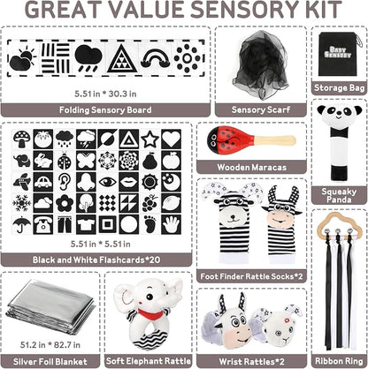 Dreamon 32PCS High Contrast Black and White Baby Sensory Toys, Newborn Tummy Time Toys with Rattle, Soft Book & Flash Cards, Montessori Infant Toys for 0-12 Months Boys Girls Shower Gifts