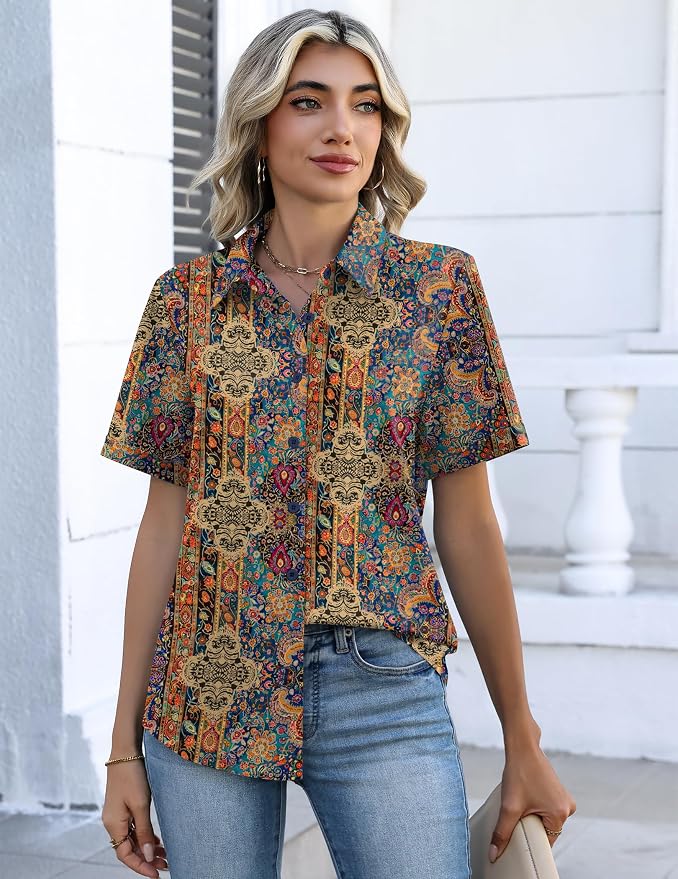 Zeagoo Button Down Shirts for Women Short Sleeve Collared Tops Dressy Casual V Neck Blouses