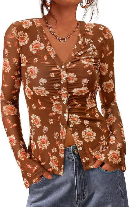 BTFBM Button Down Shirts for Women 2026 Fall Boho Tops V Neck Long Sleeve Blouses Ruched Mesh Fitted Fashion Clothing