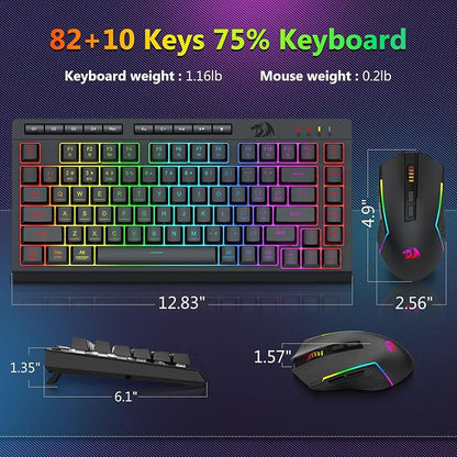 Redragon Wireless Gaming Keyboard and Mouse Combo, 75% Portable, Black | Bluetooth/2.4G/USB-C Wired, RGB Backlit, Quiet Rechargeable Macro Membrane Keyboard & 12800 DPI Mouse for Win/MAC