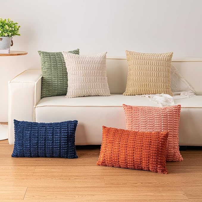 Aegero Pack of 2 Corduroy Decorative Throw Pillow Covers 18x18 InchSoft Boho Striped Pillow Covers Modern Farmhouse Home Decor for Sofa Living Room Couch Bed（Sage Green）