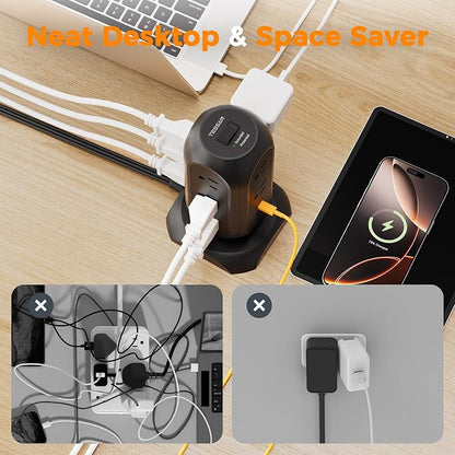 TESSAN Tower Power Strip Flat Plug with 1050J Protection, 10 Ft, Black | 11 Outlets 3 USB (1 USB C), Surge Protector Power Tower, Extension Cord with Multiple Outlets, Dorm, Office Desk Supplies