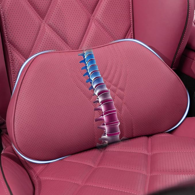 Lumbar Support Pillow for Car Seat, Office Chair Leather Memory Foam Lower Back Cushion for Back Pain Relief Improve Posture, Ergonomic Back Rest for Gaming Chair, Red, 1PC