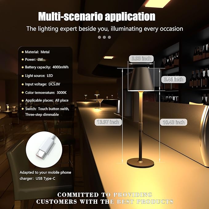 LED CordlessTable Lamp,4000mAh Rechargeable Battery Desk lamp,3 Level Brightness Beside Night Light, Minimalist Design, for Couple Dinner/Coffee Table/Restaurant/Bedroom(Kahaki-4PACK)