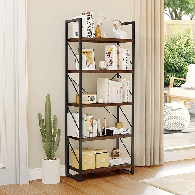 YITAHOME 5-Tier Bookshelf, Freestanding Book Shelf, Industrial Minimalist Open Display Storage Book Shelves Standing Shelving Unit for Living Room Bedroom Home Office, Rustic Brown