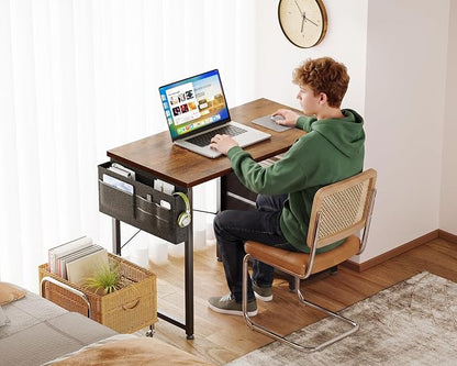 AODK 32 Inch Small Computer Desk with Fabric Drawers, Vintage | Mini Desk with Storage Shelf & Bag, Kids Study Desk for Bedroom, Home Office Desk for Small Space