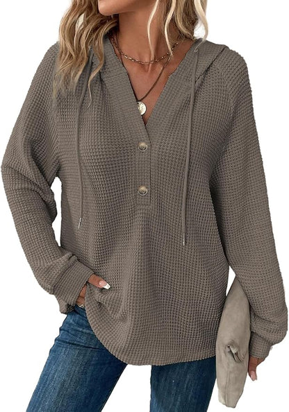 Dokotoo Hoodies for Women Waffle Knit Long Sleeve Drawstring Button V Neck Casual Sweatshirt Hooded Tops Fashion Clothing
