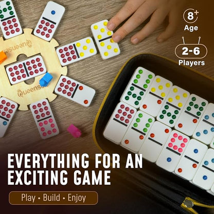 Queensell Double 9 Dominos Set for Adults and Kids with Colored Dots – Classic Dominoes Game Set with 55 Tiles, Wooden Hub, Trains and EVA Carrying Case