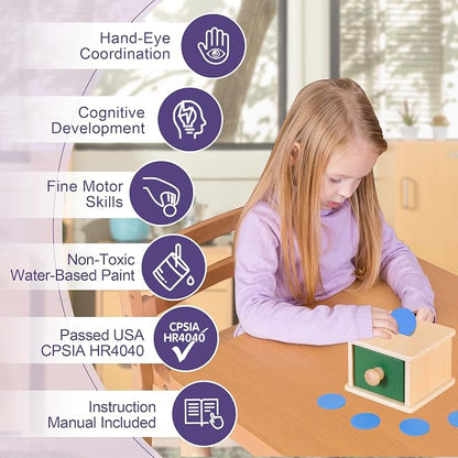 Montessori Wooden Coin Box with Drawer for Baby 18+ Months, Coin Sorter Fine Motor Toys for Kids, Motessori Classroom Learning & Educational Resources Toys Gifts