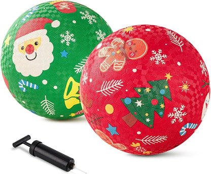 ZOOJOY Pack of 2 Cartoon Playground Balls, Christmas Toys Balls for Toddler 1-3, 8.5" Rubber Ball Bouncy Kickball, Indoor & Outdoor Game, for Boys Girls 2-4 with Pump