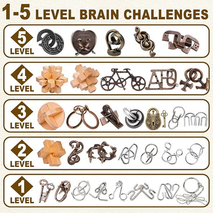 32 Pcs Brain Teaser Puzzles Set for Adults Kids – Vintage Wooden & Metal 3D IQ Game, Challenging Disentanglement Logic Puzzles, Family Party Favor Portable Travel Pouch Set