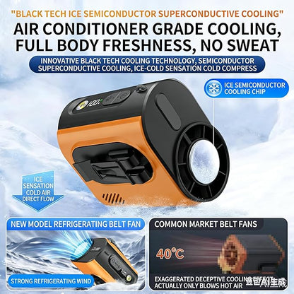 Portable Wearable Waist Iec Fan,with Semiconductor Ice Cooler,10000mAh Rechargeable Clip On Belt Cooling Fan, 100-Speed/16000RPM Personal Body Fans,25H Work Time for Camping, Outdoor, Jobsite（Orange）